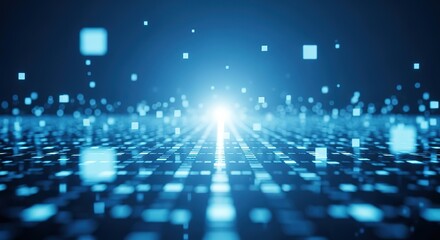 Obraz premium Illuminated digital grid with glowing blue particles and a bright light source in the center