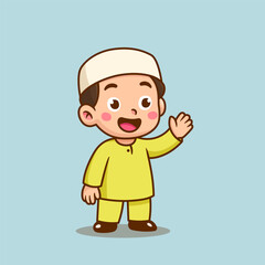 cute boy muslim standing with smile face cartoon vector icon illustration people holiday icon isolated flat vector