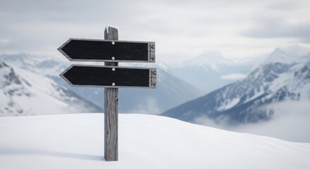 Signpost in snowy mountains indicating two directions