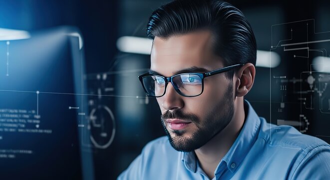 Focused professional wearing glasses intently studying complex data on a glowing computer screen at night - Powered by Adobe