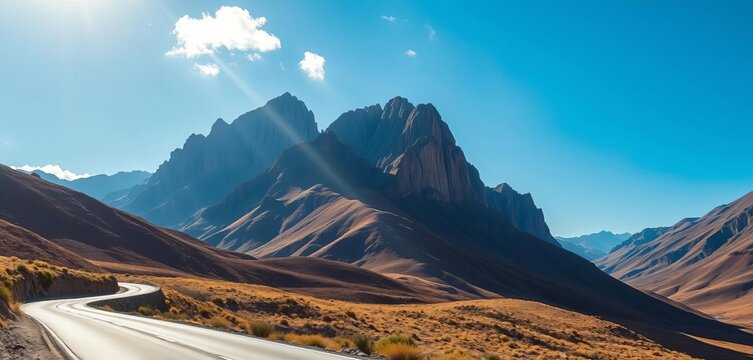 Rugged Eritrean mountains rise dramatically alongside a winding road, sun-drenched landscape , earth, scenic route