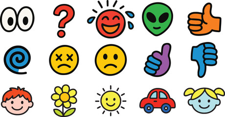Colorful Kids Doodle Cute Collection of Emotions and Playful Icons.