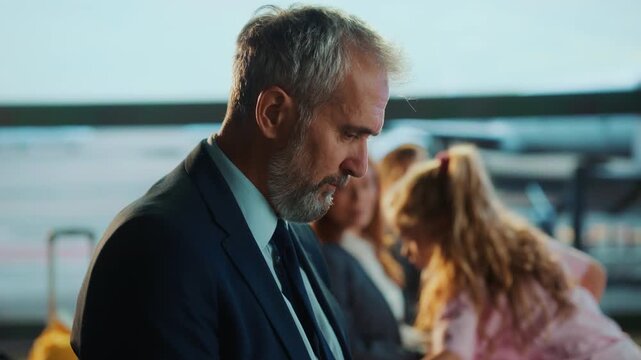 A pensive, middle-aged businessman with a gray beard looks down, possibly at a document or device, in a soft-lit office environment.