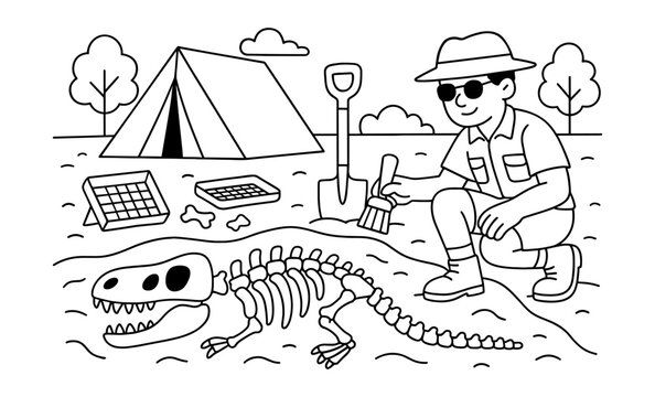 black and white archaeologist excavating dinosaur skeleton clip art preview