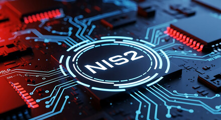 Futuristic Circuit Board With Glowing NIS2 Symbol