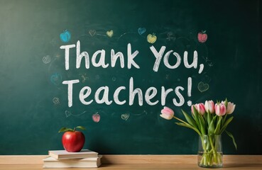 Green chalkboard displays Thank You, Teachers. in white chalk letters. An apple rests on stacked books below. A vase of pink tulips sits to the right, alongside chalk drawings of hearts and apples.