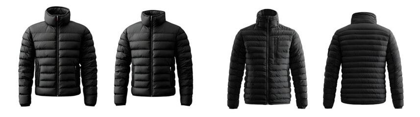 A Mockup Template of a Black Down Jacket with a Zipper, Shown in Both Front and Back Views, Suitable for Winter Sport Jacket Design