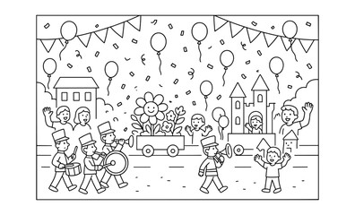 Obraz premium Festive parade celebration in a joyful street scene with music and balloons