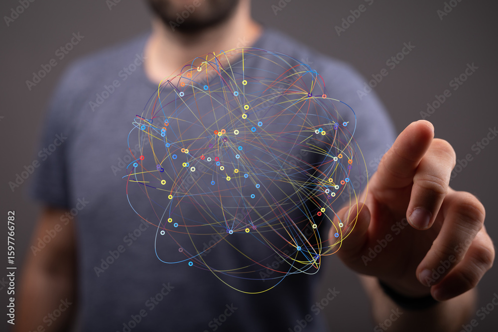 Poster abstract image of a man interacting with a digital network, representing connection and global commu
