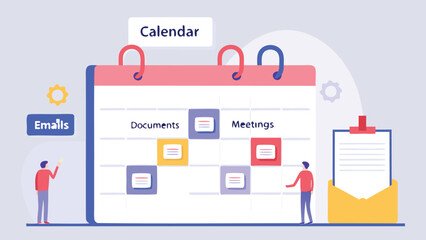 Illustration of a calendar with appointments, emails, documents, and meetings scheduled for planning 100