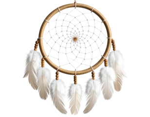Hanging indoor dreamcatcher with feathers and beads, isolated on a transparent background