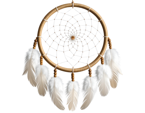 Hanging indoor dreamcatcher with feathers and beads, isolated on a transparent background