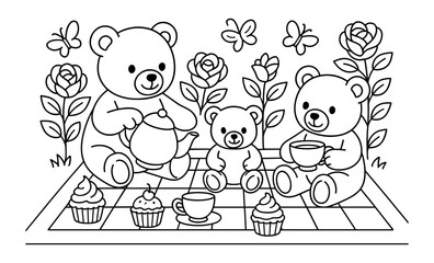 Cute bear family enjoying outdoor tea party with cupcakes and flowers