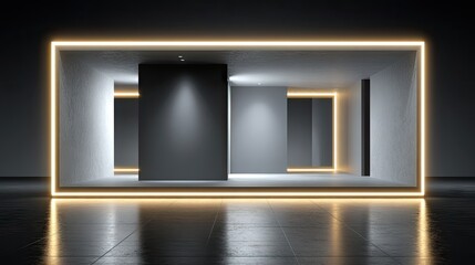 Empty modern interior space with illuminated framed walls.
