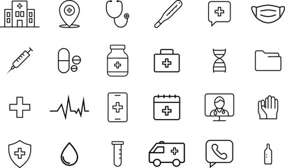 Outline Medical Icon Set Featuring Healthcare and Emergency Symbols.