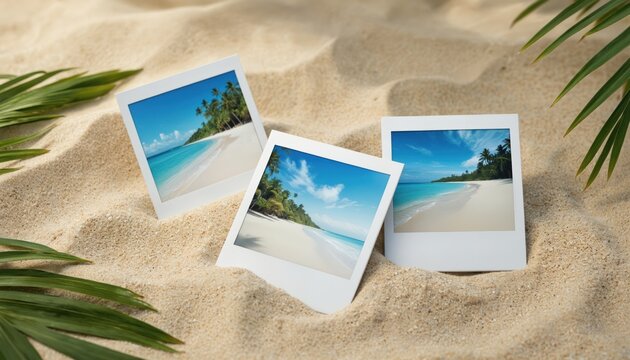 Three summer vacation photos of tropical beach scenes displayed on sandy surface. Palm trees line white sand beach with turquoise ocean waves under blue sky. Instant photo prints evoke memories of - Powered by Adobe