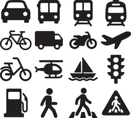 Simple Black Silhouette Icon Set of Various Transport and Traffic Symbols.