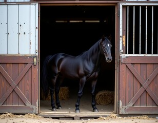 Solitary Black Horse Dimly Lit Barn Stall
