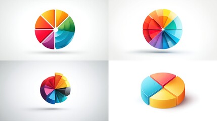 Four colorful pie chart diagrams on white background, for business analysis and marketing presentations