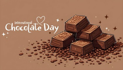 Celebrating International Chocolate Day with delicious chocolate bars and cocoa beans on a brown background Generative AI