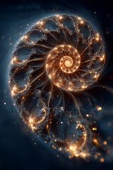 A digital abstract composition showing a radiant Fibonacci spiral glowing in space, surrounded by ethereal light trails and cosmic textures. 