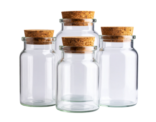 Set of decorative glass jars with cork lids, isolated on a transparent background
