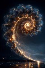 A digital abstract composition showing a radiant Fibonacci spiral glowing in space, surrounded by ethereal light trails and cosmic textures. 