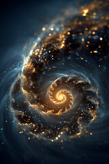 A digital abstract composition showing a radiant Fibonacci spiral glowing in space, surrounded by ethereal light trails and cosmic textures. 