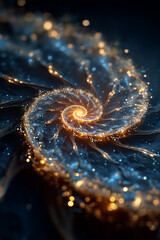 A digital abstract composition showing a radiant Fibonacci spiral glowing in space, surrounded by ethereal light trails and cosmic textures. 