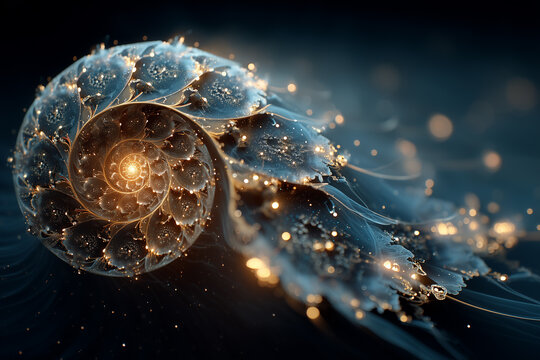 A digital abstract composition showing a radiant Fibonacci spiral glowing in space, surrounded by ethereal light trails and cosmic textures. 