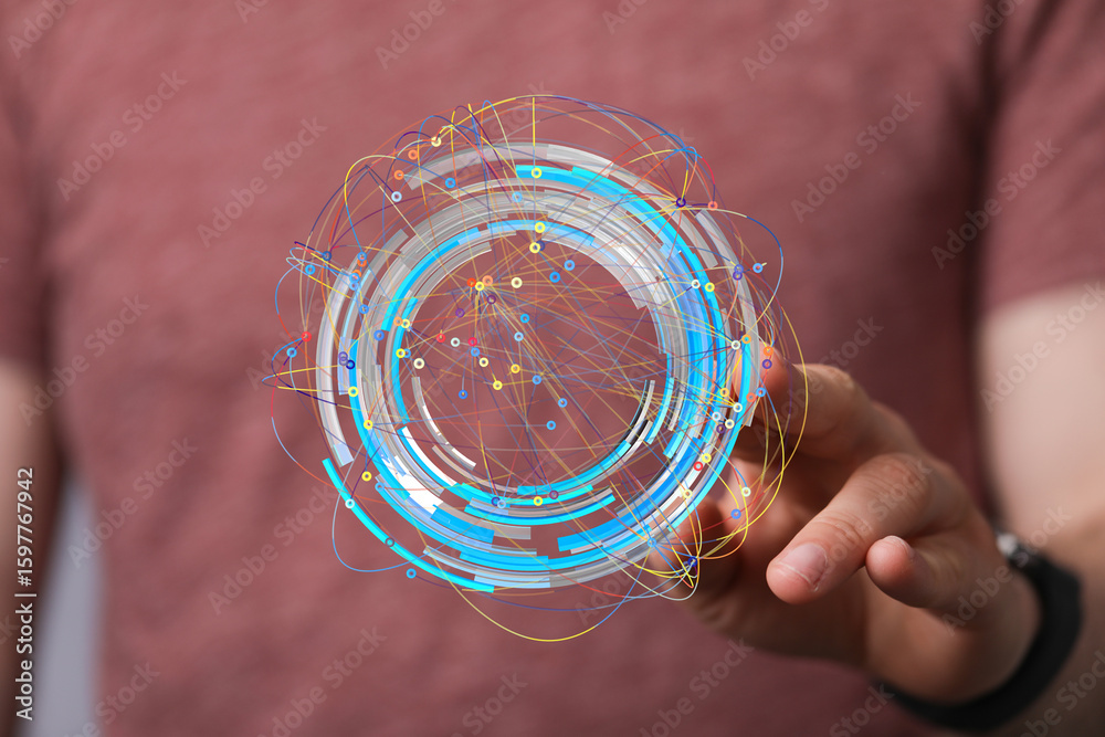 Poster abstract image of a hand interacting with a digital holographic display showing data connections.