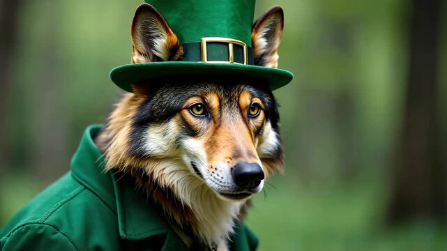 AI Generative Animal Wolf in traditional green Irish costume with hat, St. Patrick's Day card