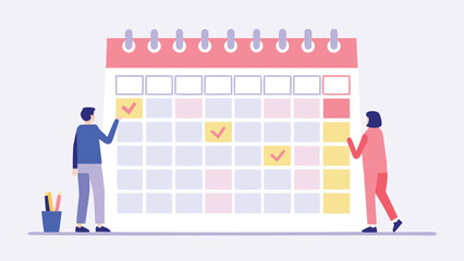 Obraz premium People interacting with a large calendar with marked dates and a container of writing tools present