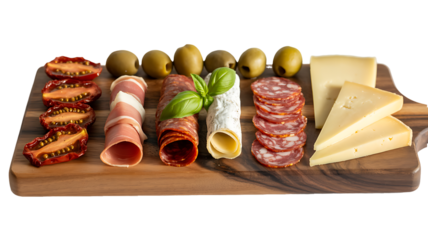 Delicious charcuterie board with cheese meat olives and sun dried tomatoes food