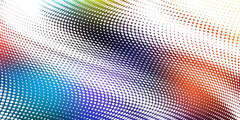 A vibrant abstract futuristic gradient wave with moving dots. Particle flow with glitch effect. Vector graphics ideal for brochures, flyers, magazines, business cards, and banners. Vector. © Rohman