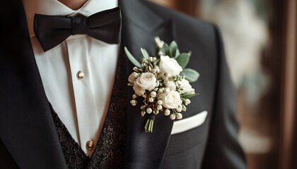Groom wears black tuxedo with bow tie. Boutonniere of white flowers decorates suit. Classic male attire, wedding fashion