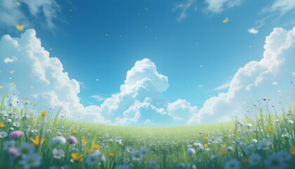 Bright meadow filled with colorful flowers under a clear blue sky with fluffy clouds and gentle sunlight creating a serene atmosphere in springtime Generative AI