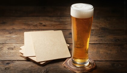 Cold beer in tall glass sits on wooden table next to stack of blank coasters. Bubbles rise in golden lager, topped with frothy foam. Rustic wood background, empty paper provide perfect space for