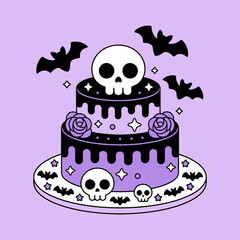 Cute Gothic Halloween Cake with Skulls and Bats Illustration
