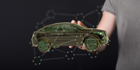 Innovative image of a digital car model in a person's hand, showcasing connected car technology and futuristic design.