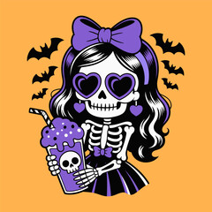 Cute Skeleton Girl with Halloween Milkshake Illustration