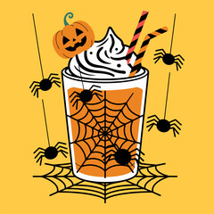 Halloween Pumpkin Spice Drink with Spider Web and Spiders