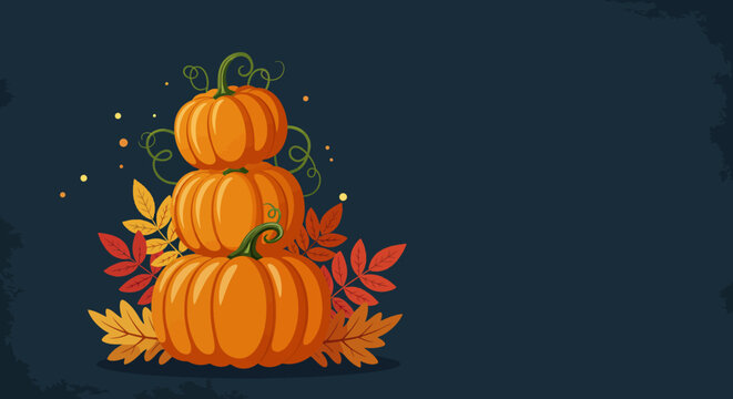 Stylized flat vector of a stack of pumpkins with curled stems and autumn leaves