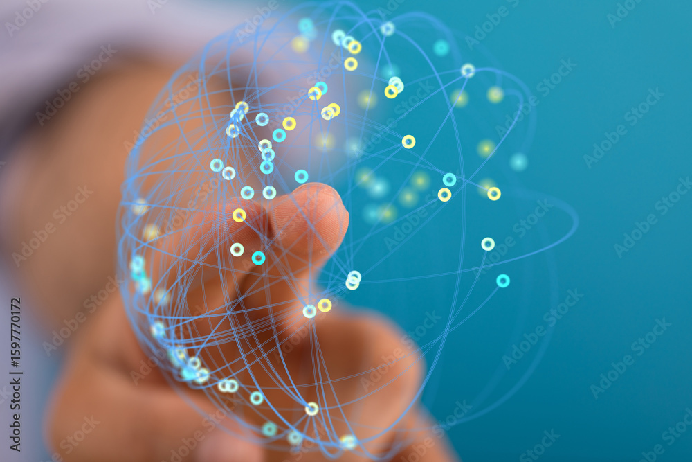 Poster abstract image of a hand interacting with a digital network sphere, representing global connectivity