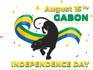 This illustration celebrates Gabon's Independence Day on August 15th, featuring a panther, colorful ribbons, and vibrant design elements.
