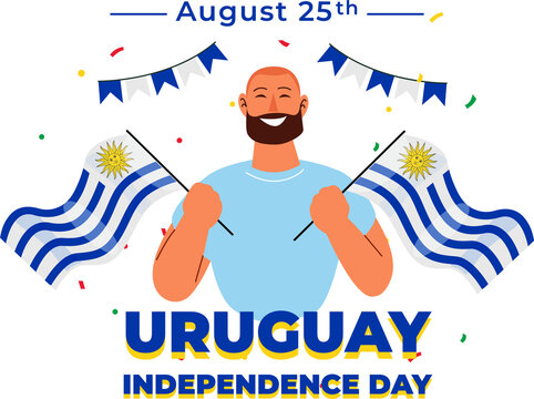 A joyful man of latin descent celebrates Uruguay's Independence Day, waving flags and showing pride in his country's freedom. August 25 signifies this national holiday. - Powered by Adobe