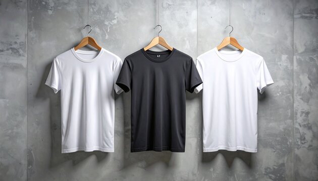 Tres camisetas en perchas, colgadas contra una pared de hormig&oacute;n.