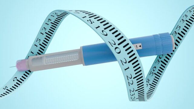 A 3D animation of a injection pen, for insulin or another injectable medication and a flexible measuring tape wraps loosely around the pen, creating a dynamic, looping form.