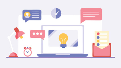 Laptop with lightbulb on screen and desk items like lamp clock and messages in a flat design style