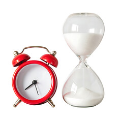 Red Alarm Clock and Hourglass Depicting Time Running Out on Black Background Concept Time Management